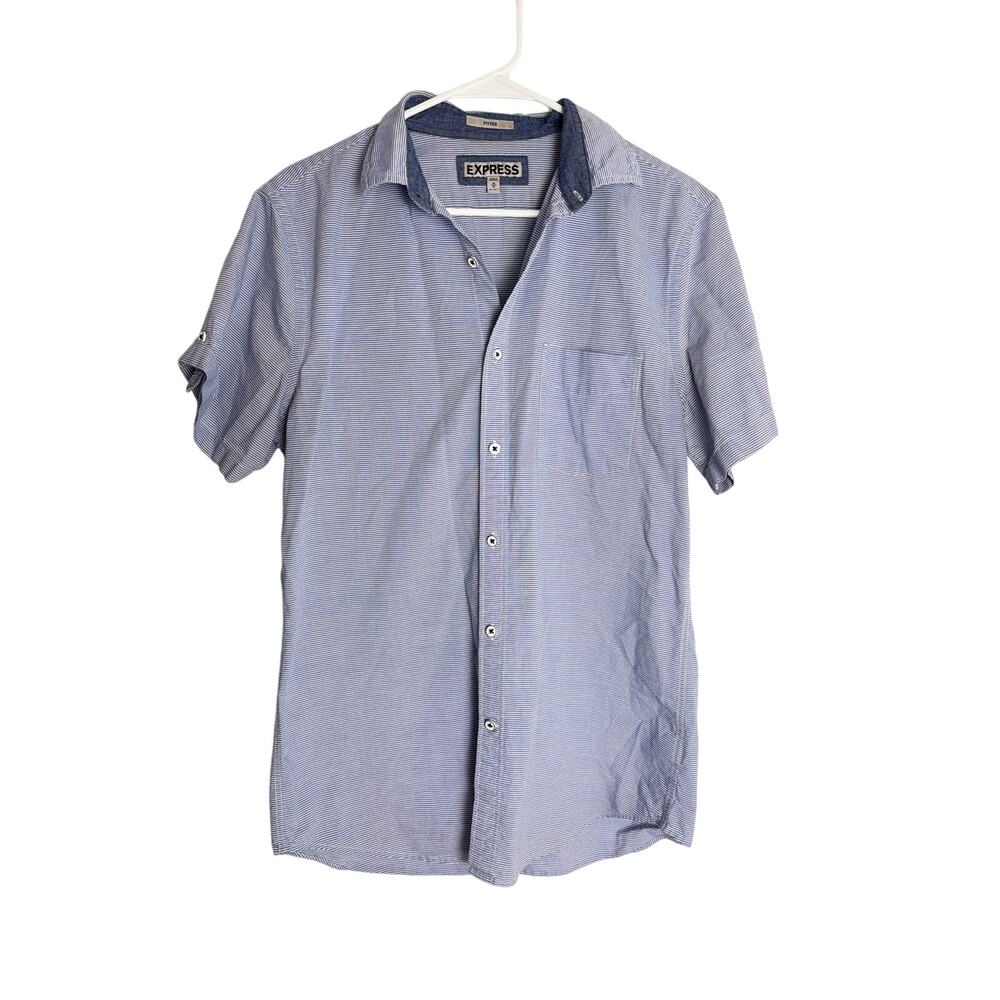 Express Shirt Men Medium Blue White Seersucker Striped Short Sleeve Button Down